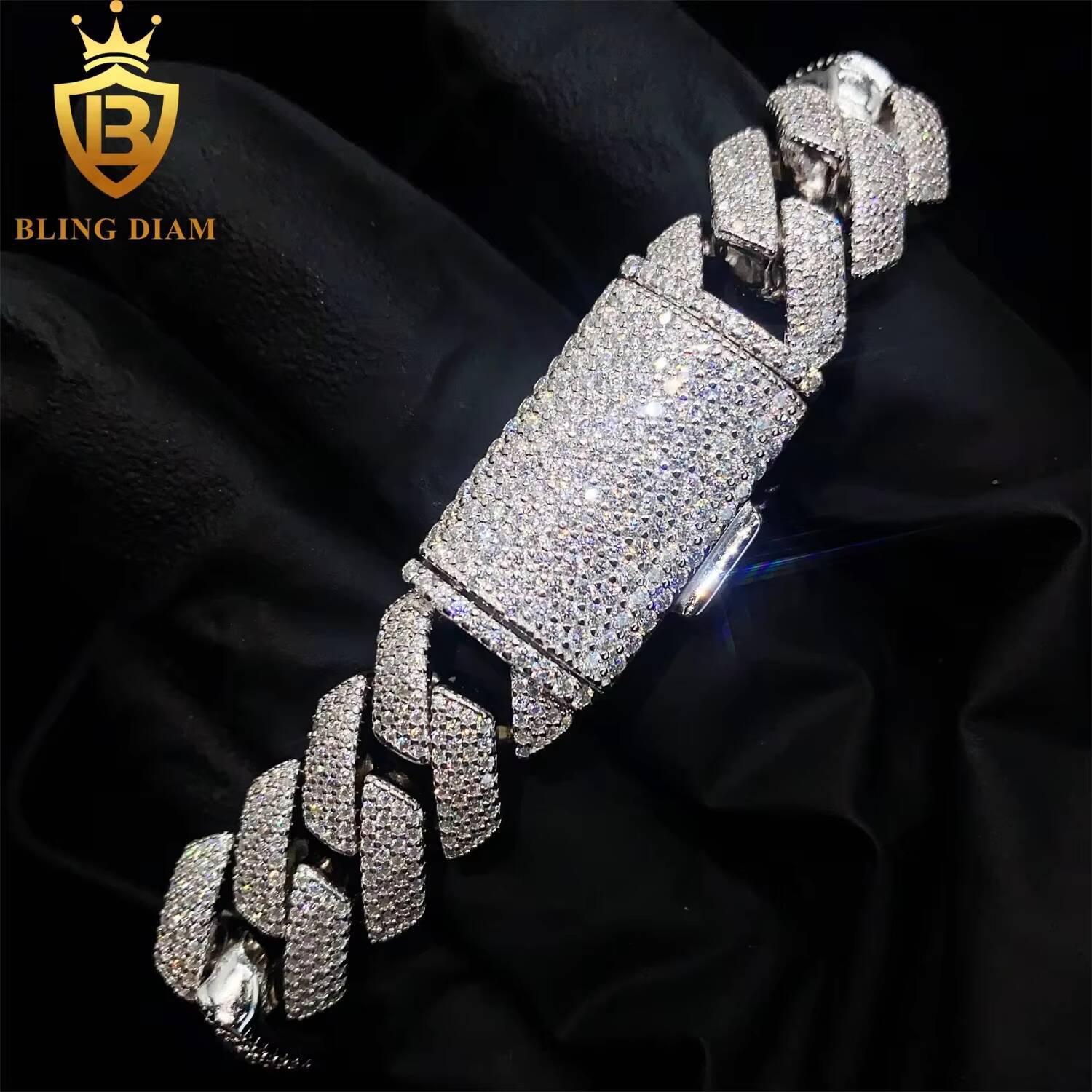 Stylish 925 Silver Cuban Link Bracelet with 15MM Diamonds for Wholesale Factory Bracelet Men