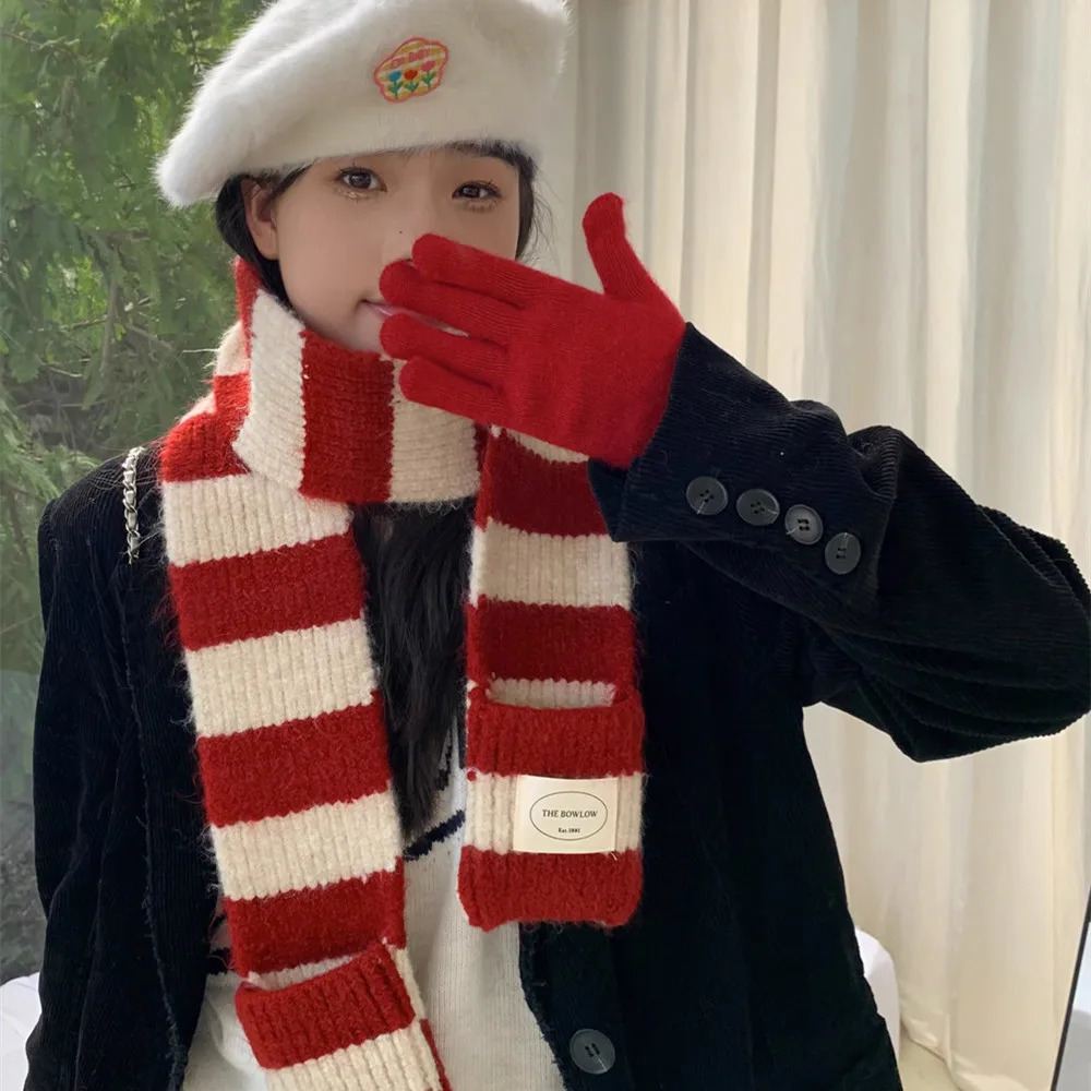 Y2K Black White Striped Knitted Wool Scarf Women Winter Retro Scarf Fashion Korean Thin Narrow Long Scarf Thicken Neckerchief 251029