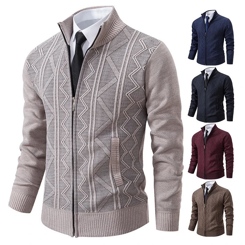 Thickened jacket mens autumn and winter warm trend line stand collar knitted cardigan sweater coat 251029