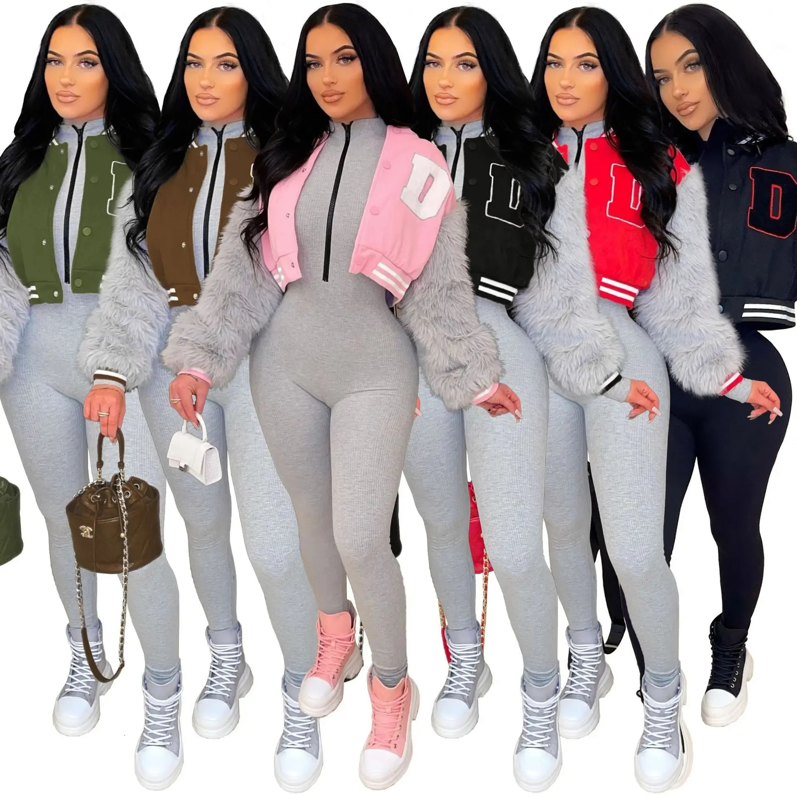 ANJAMANOR D Letter Fur Sleeve Sport Jacket Women Clothing Wholesale Cropped Baseball Varsity Jacket Cardigan Coats D48EB34 251029