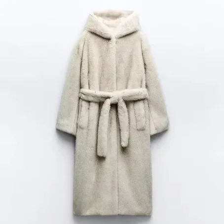 Winter Womens Mink Fur Jacket Lace Up Thickened Warm Pockets Coat For Female Long Hooded Ladys Plush 251028