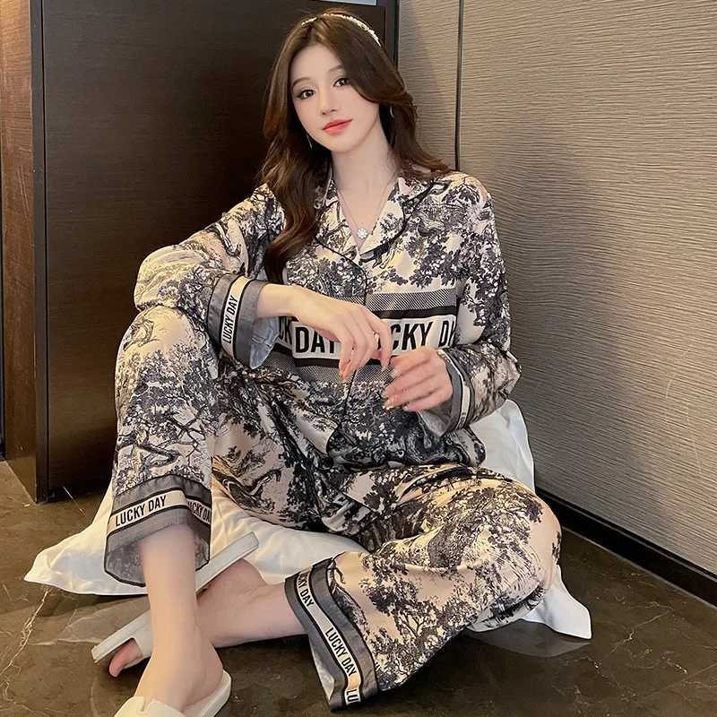 Ice silk pajamas womens inkwash painting longsleeved shirts and long pants highend elegant and comfortable home wearT251029