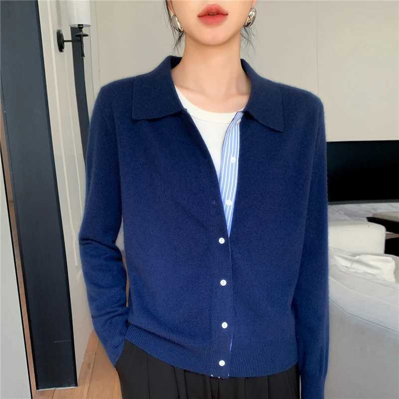 Womens Polo Collar Shirt Cardigan Merino Wool Sweater Longsleeve Color Bar Clothing Spring Autumn Warm Knitwear Female TopT251028