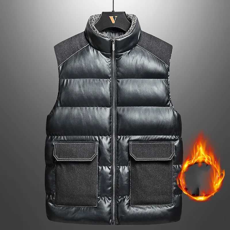 2025 Man Vest Winter Thicken Warm Solid Stand Collar Pocket Zipper Male Leather Waistcoat Windproof Sleeveless Daily Men Coat W251029