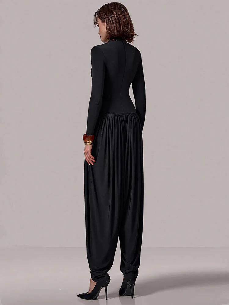 Mozision Long Sleeve Draped Sexy Jumpsuit Women Overalls Autumn Winter Patchwork Solid Turtleneck High Waist Slim Jumpsuis 251027