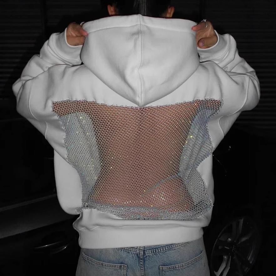 Women's fashionable hooded sweatshirt, casual long sleeved pullover, designer American hollow mesh long sleeved sweatshirt