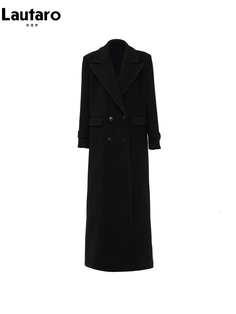 Lautaro Winter y Extra Long Black Warm Soft Wool blends Coat for Women High Quality Loose Casual Woolen Overcoat 251028