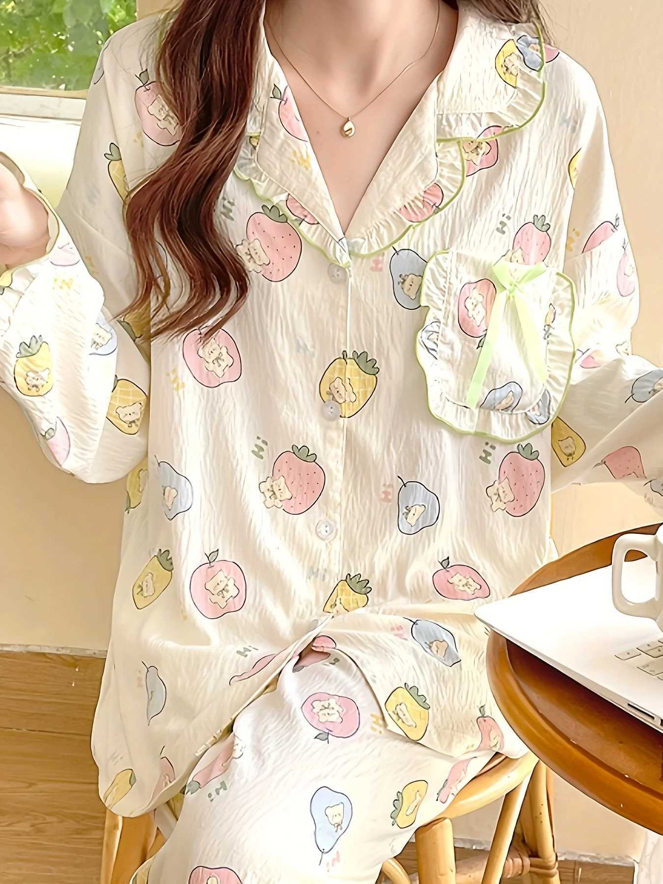 New Womens Pajama Set for Spring Autumn Long Sleeve Long Pants Cute Sweet LooseFit LoungewearT251029