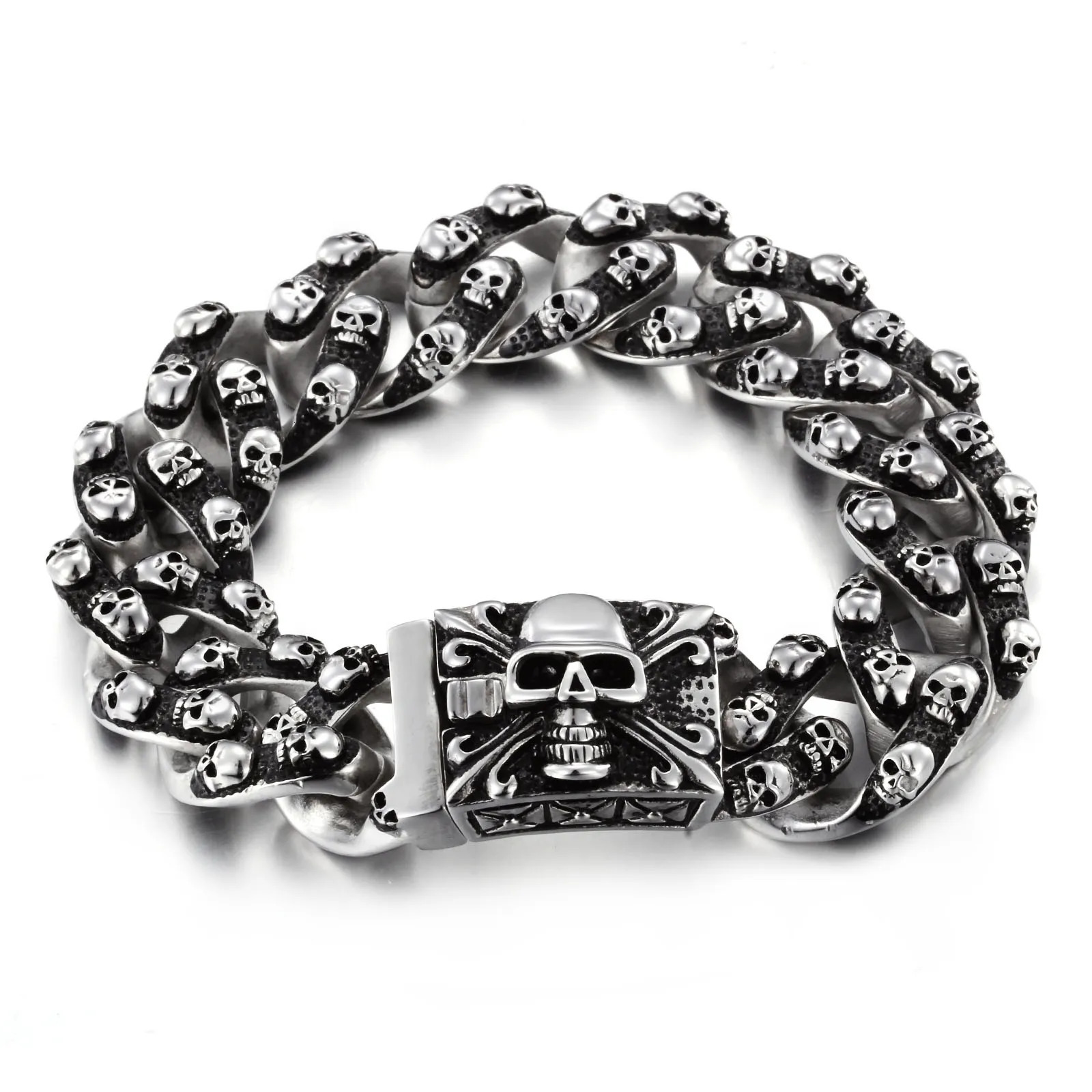 20mm Fashion Male Skeleton Chain Bracelet Stainless Steel Retro Cross Vintage Black All Skull Chain Bracelets Jewelry 251028