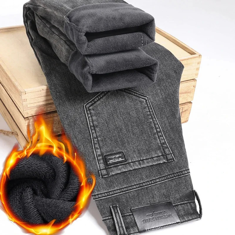 Winter Warm Jeans Mens Slim Straight Elastic Denim Pants Casual Male Clothing Fashion Plush Trousers Fashion Jeans 251029