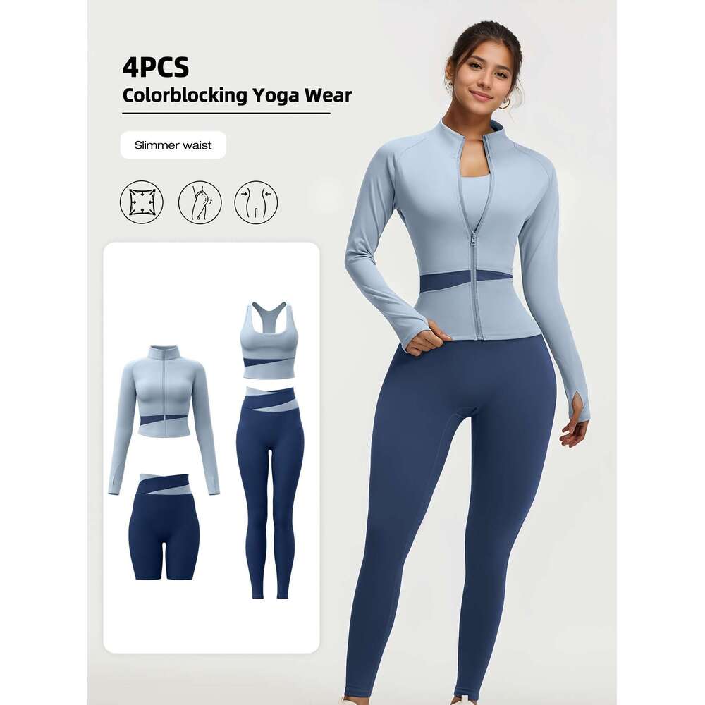4pcs Women'S Wear Workout Set with Zipper Jacket Leggings Sports Bra Euro Size for Running Fiess And Yoga