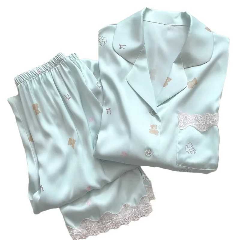 Bear Print Pajamas Women Cool Ice Silk Short Sleeve Pants Loungewear Cardigan Lace Fall and Winter TwoPiece Set Plus SizeT251029