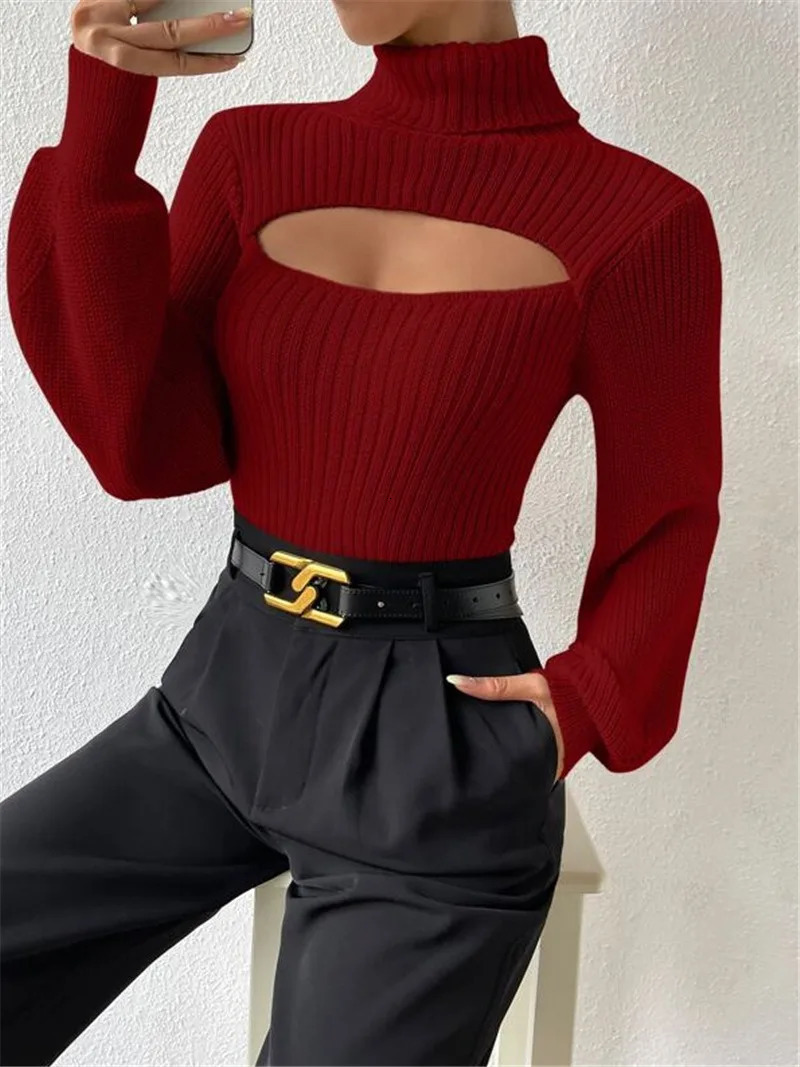 Autumn and Winter Sweater Sexy Loose Versatile High Neck Hollow Breast Leakage Sweater Women 251029