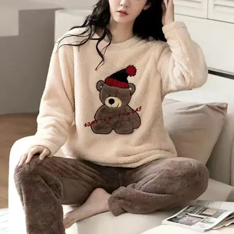 2 Piece Set Thickened Long Sleeve Trouser Set Couple Loungewear Women Flannel Cartoon Bear Gray TwoPiece Set Sleepwear Homewear 251029