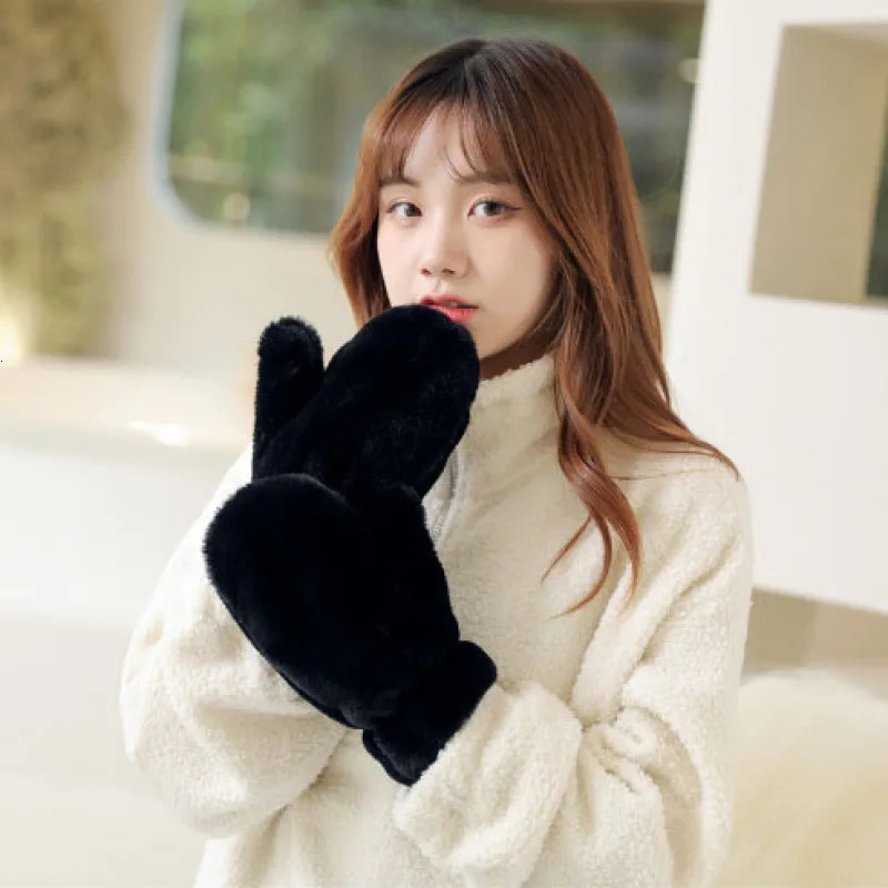 Women Cute Lovely Sweety Soft Solid Plush Fluffy Winter Keep Warm Gloves Cold Protection Windproof Thickened Mittens 251029