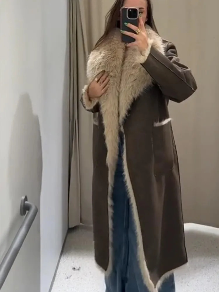 Double Sided Woolen Long Coat Fur Leather Patchwork Warm Thicken Lapel Wear On Both Sides Overcoat Women Fluffy Outwear Top 251028