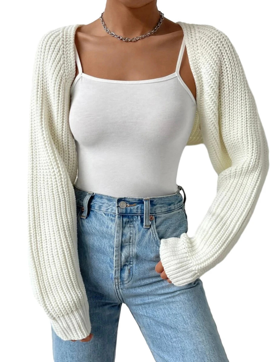 Women s Open Front Cropped Cardigan Long Sleeve Solid Color Ribbed Knit Shrug Sweater Bolero Tops 251029