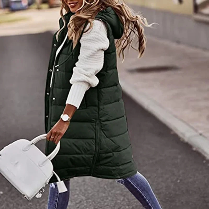 Womens Fashion Hood Long Coat Vest Autumn Winter Warm Sleeveless Jacket Waistcoat Solid Color Single Breasted Outwear 251027