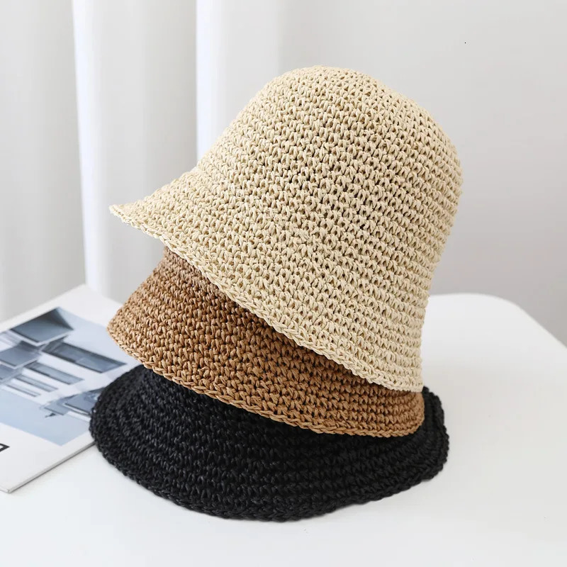 Simple Solid Handmade Crochet Bucket Hat For Women Outdoor Summer Sunshade Breathable Japan Style Paper Straw Fisherman Cap 251029