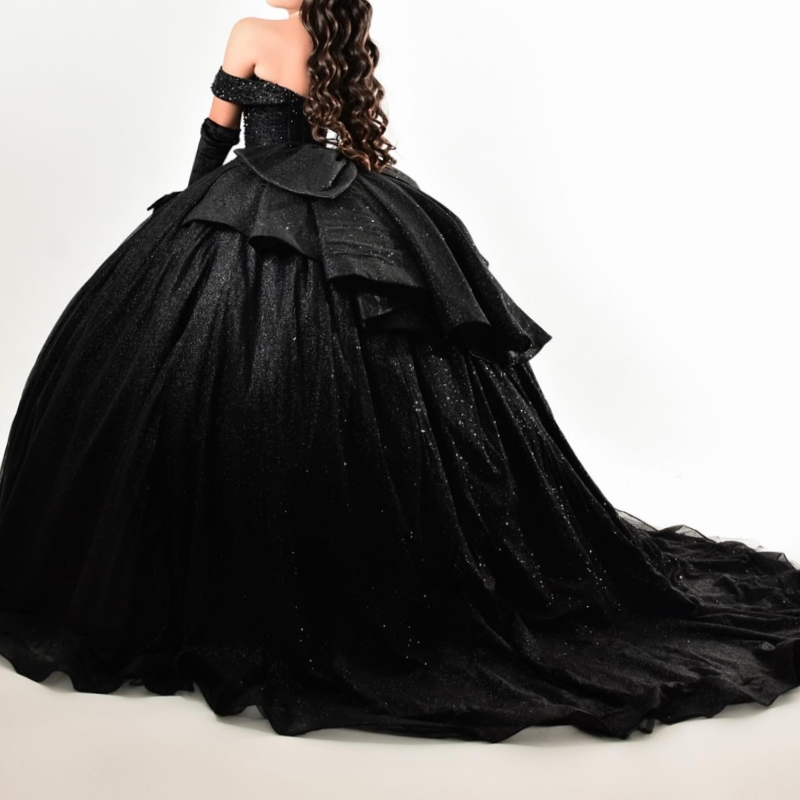 Black Quinceanera Dresses Off The Shoulder Beads Bow Tull Party Birthday Sweet 16 Dress Vestidos 15 de anos