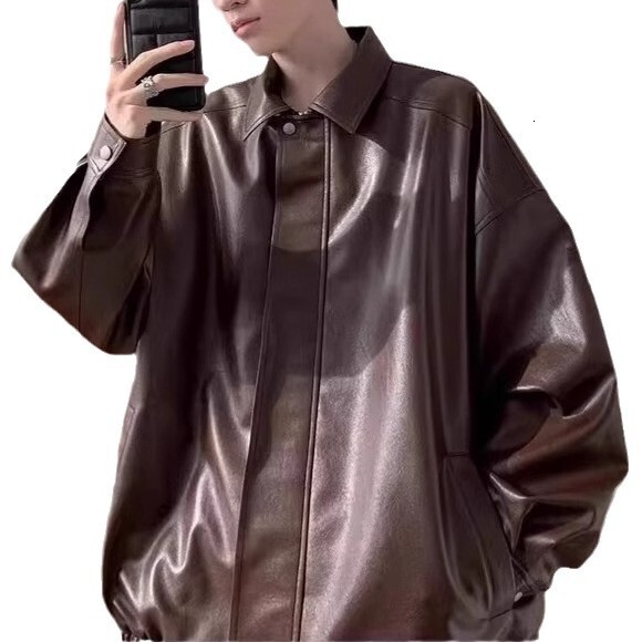 2025 American Style Designer Jacket Leather Jacket For Men Autumn And Winter High-end Feel Cool And Trendy Brand Casual Loose PU Leather Turn-down Col