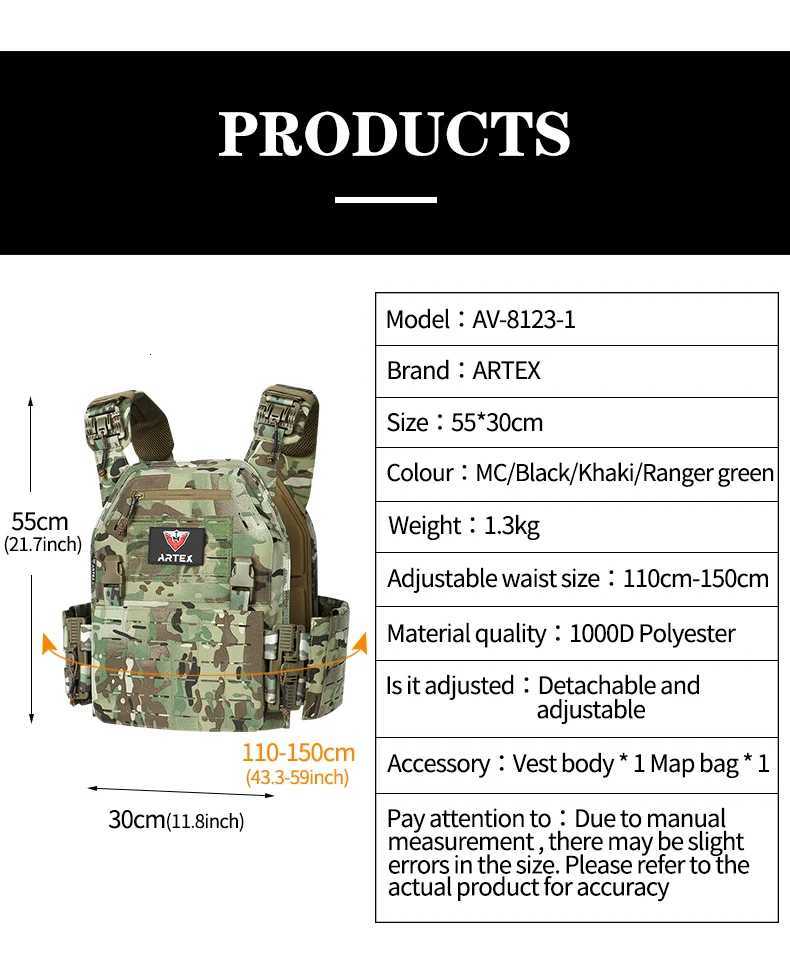 Military Vest ARTEX Light Weight Quick Release Combat Plate Carrier 000D Polyester Molle Chaleco Tactico Tactical Vest Black W251029