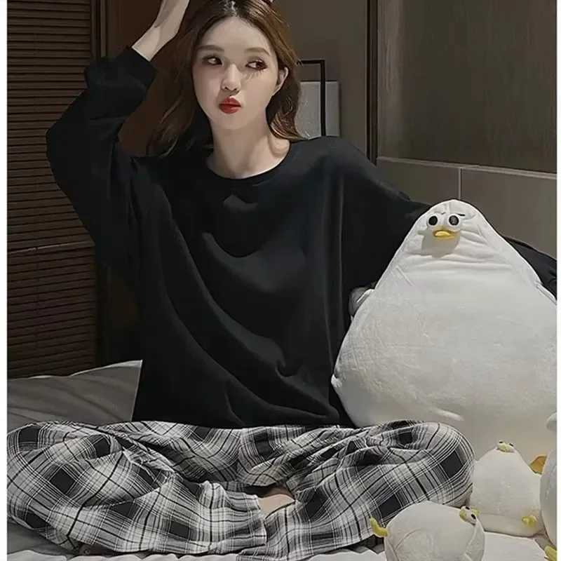 2PCSSet Women Big Size with Chest Pads Pajamas Spring Autumn and Winter LongSleeved Headset Loose Homewear Can Be Worn OutsideT251029