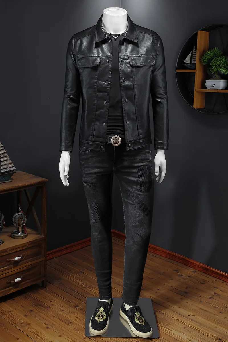 New mens leather jacket mens lapel motorcycle leather jacket highquality single breasted slim fit fashionable jacket M5XLT251029