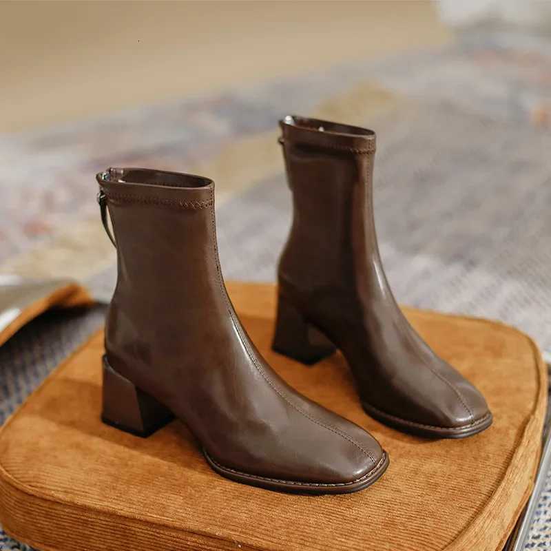 Square toe women ankle boots flock stretch shoes thin mid heels blackbrownbeige back zipper dress sock boots woman size 3440 Z251029