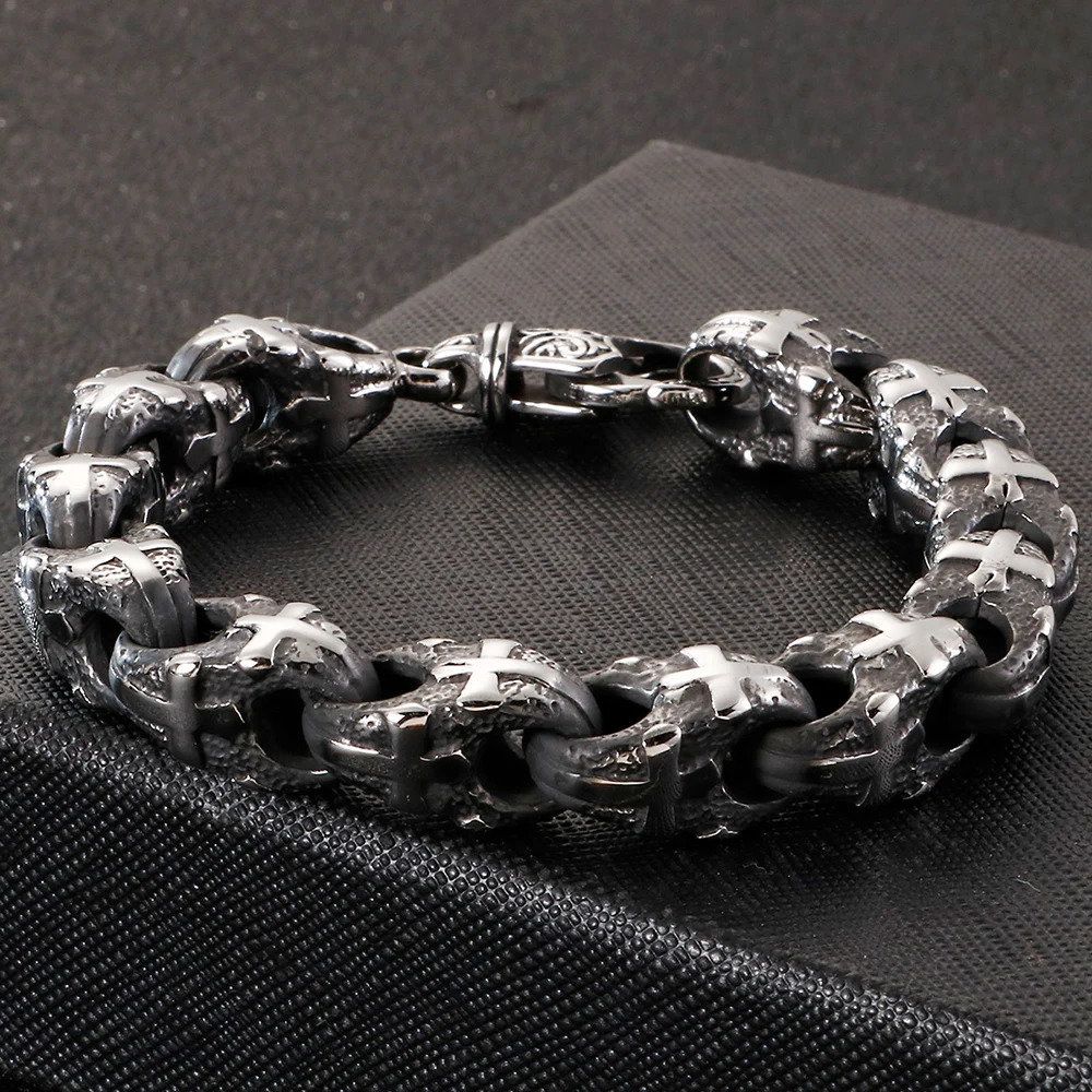 Heavy Stainless Steel Cross Bracelet Men 23CM Long 1M Wide Bicycle Chain Mens Bracelets Accessories Vintage Biker Jewelry 251028