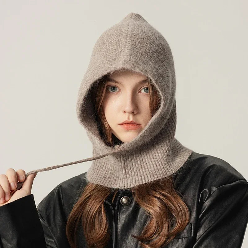 Rabbit Fur Knitted Scarf Hood Balaclava Women Cashmere Beanies Winter Unisex Warm Skiing Hat Outdoor Ear Protection Bonnet 251029