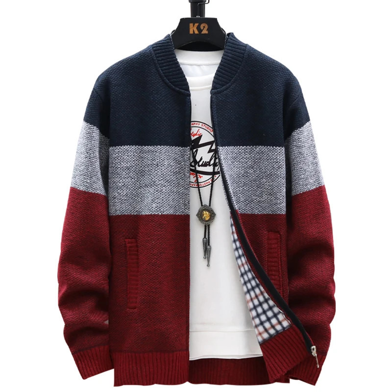 Autumn Winter Cardigan Sweater Men Fleece Zipper Sweaters Velvet Contrast Striped Sweater Coats Casual Jackets 251029