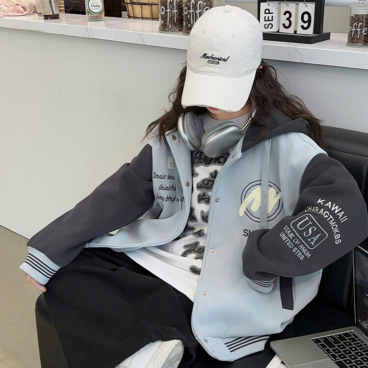 Girl designer fashionable autumn and winter jacket new Korean version loose letter color blocked hooded baseball jacket hoodie