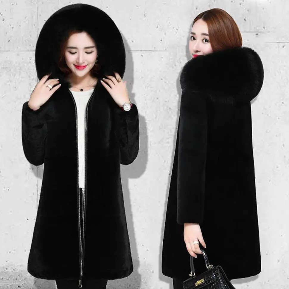 2025 Winter Faux Fur Jacket Black Hooded Parkas Coat Thicken Ladies Warm Long Overcoat 5XL Windproof Snow Outerwear Female 251029