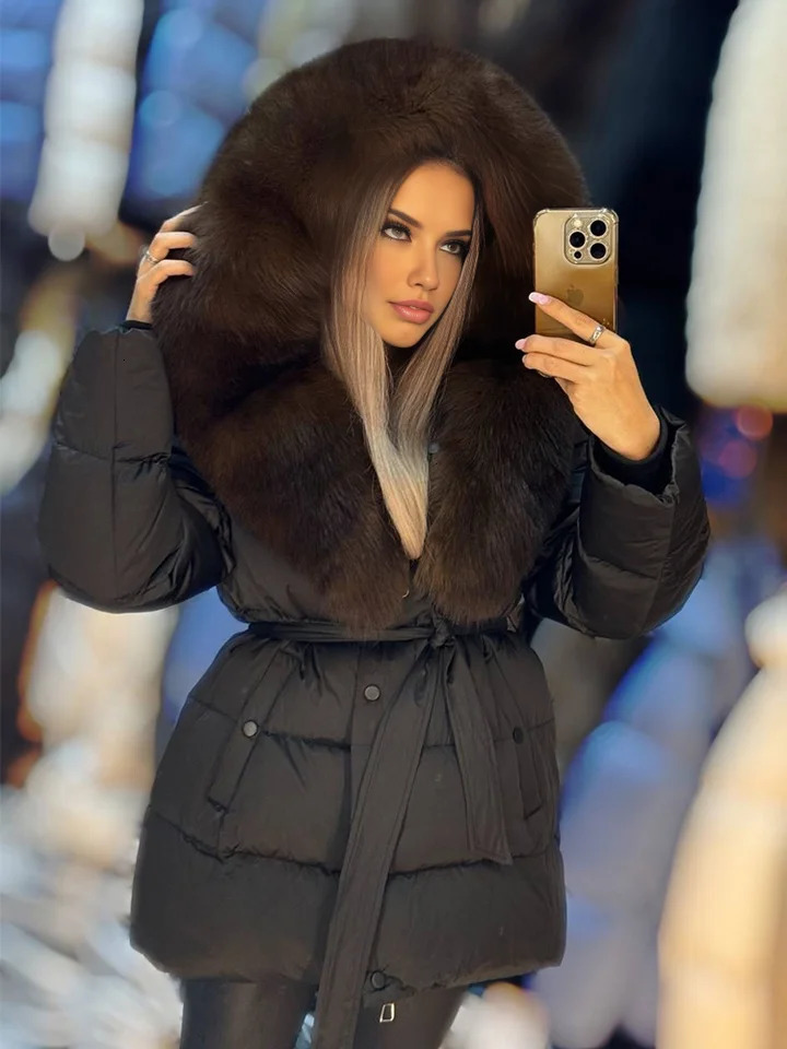 2025 Natural Thick Warm 90 White Goose Down Coat Long Winter Jacket Women Real Big Fox Fur Collar Belt Loose Puffer Parka 251029