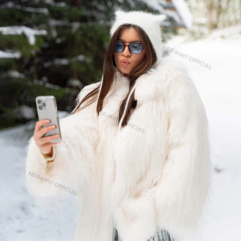 Neo Mint Winter Furry Faux Fur Coat Long Women Tassels Fluffy Fur Jacket Female Streetwear Super Warm Overcoat 251029