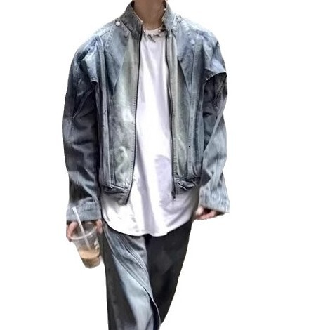 American Style Deconstructed Washed Vintage Designer Jacket Design Stand Collar Denim Jacket For Men Spring Autumn Trendy Brand Casual Loose Fit