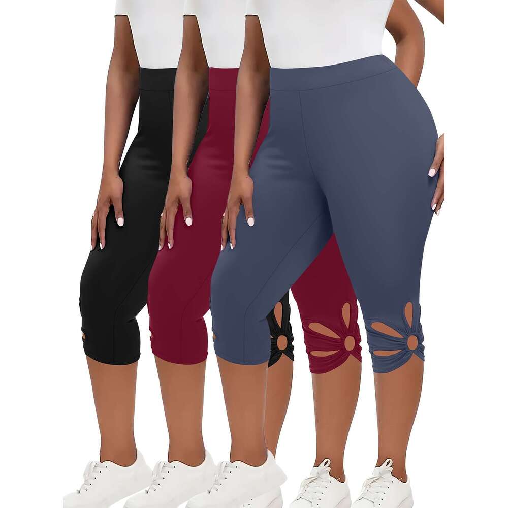 Women's 3pcs High Waist Capri Leggings - Slimming, Stretchy Activewear with Cutout Detail, Plus Size Yoga Pants
