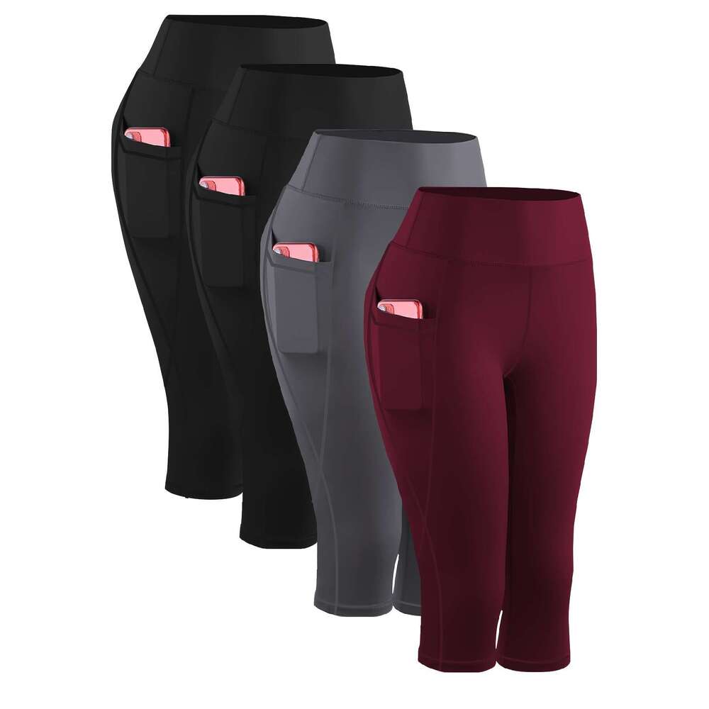 4Pcs Plus-Size Women's Capri Yoga Leggings - High-Waist, Stretchy Compression Fiess Pants With Side Pockets, Breathable Knit Fabric In Black, Nav