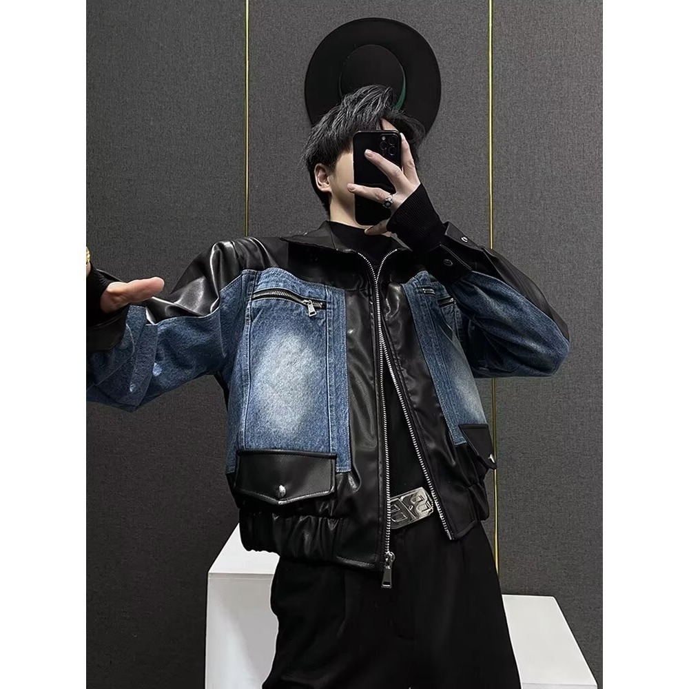Patchwork Leather Denim Jacket For Men Autumn And Winter Niche Designer Jacket Patchwork Design Korean Style Short Jacket Casual Versatile Top