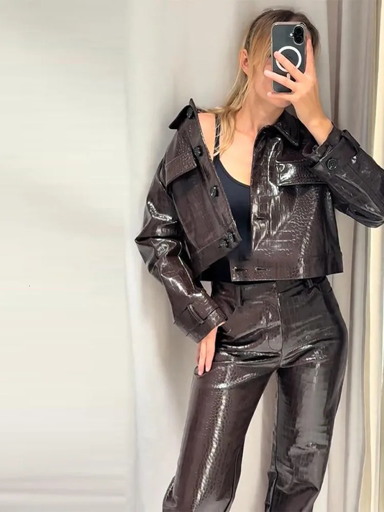 Retro PU Leather Jacket Long Pant Set Women Chic Lapel Shiny Short Jackets Straight Pants Sets Lady Autumn Classic Street Outfit 251029
