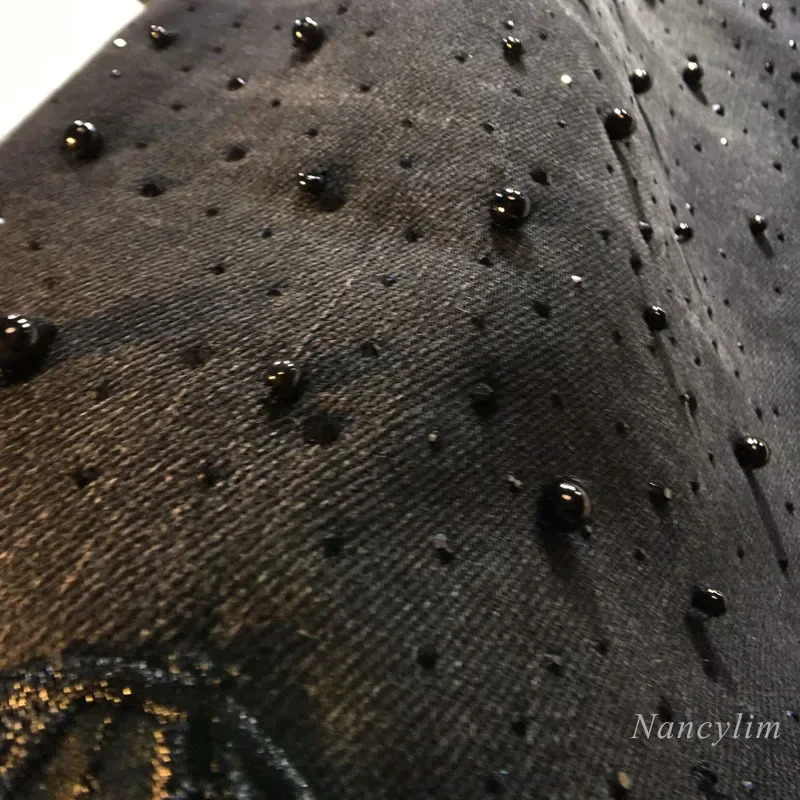 European 2025 Hollow Lace Jeans Women Summer Black Lace Denim Pants Heavy Industry Beads Diamond Denim Splicing Crochet 251029