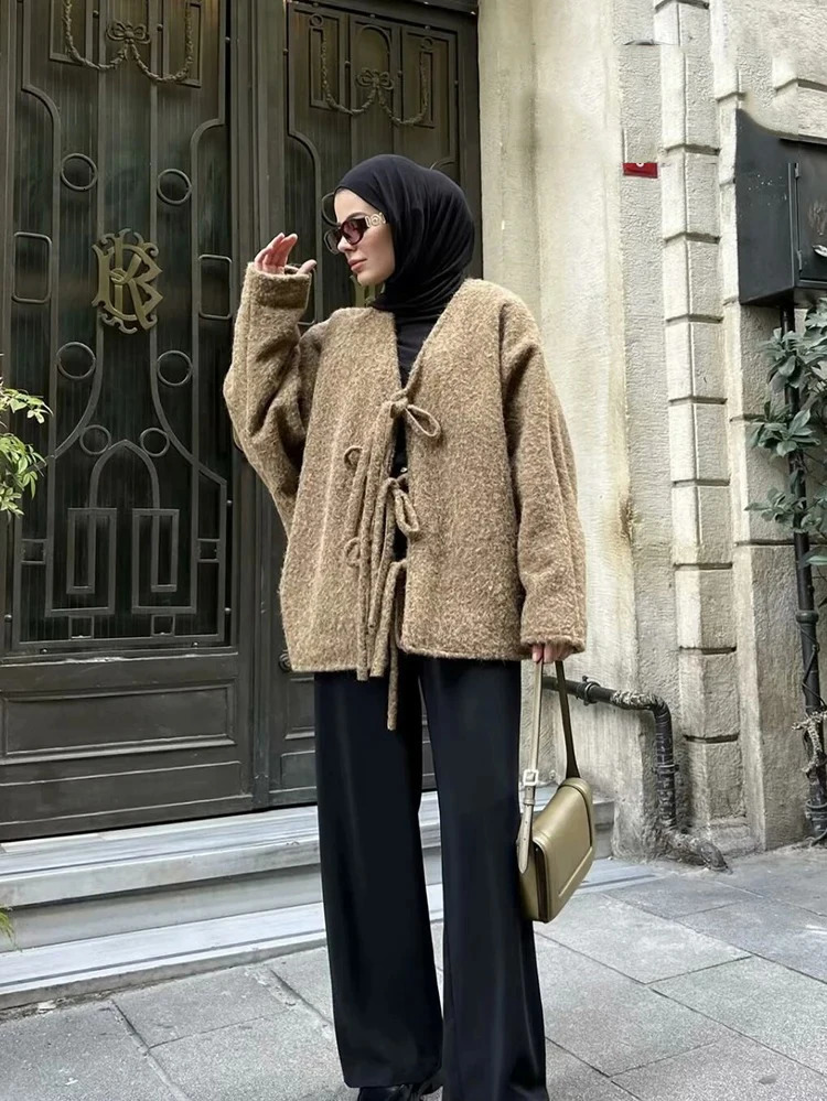 Women Fashion Casual Knitted Cardigan Autumn and Winter Loose Solid Color VNeck Tie Coat Retro Long Sleeve Jacket 251028