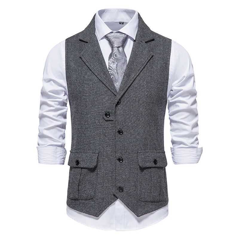Men Suit Vest Herringbone Fabric Waistcoat Business Wedding Casual Turndown Collar Mens Dress Blazer Vests Formal Party V07 W251029