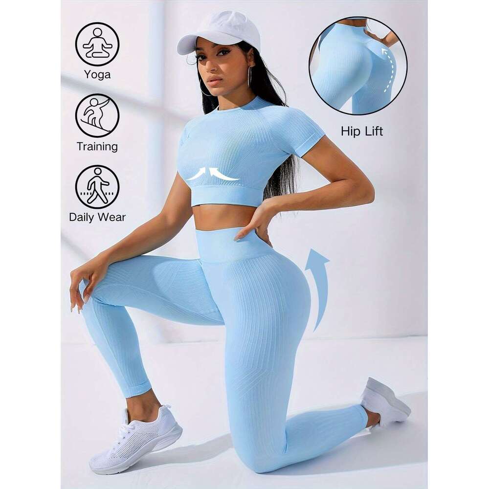 Two-Piece Outdoor Sports Suit - Short Sleeve Navel Top High Waist Solid Color Running Tights, Women's Workout Sets for Yoga and Dail Wear with Me