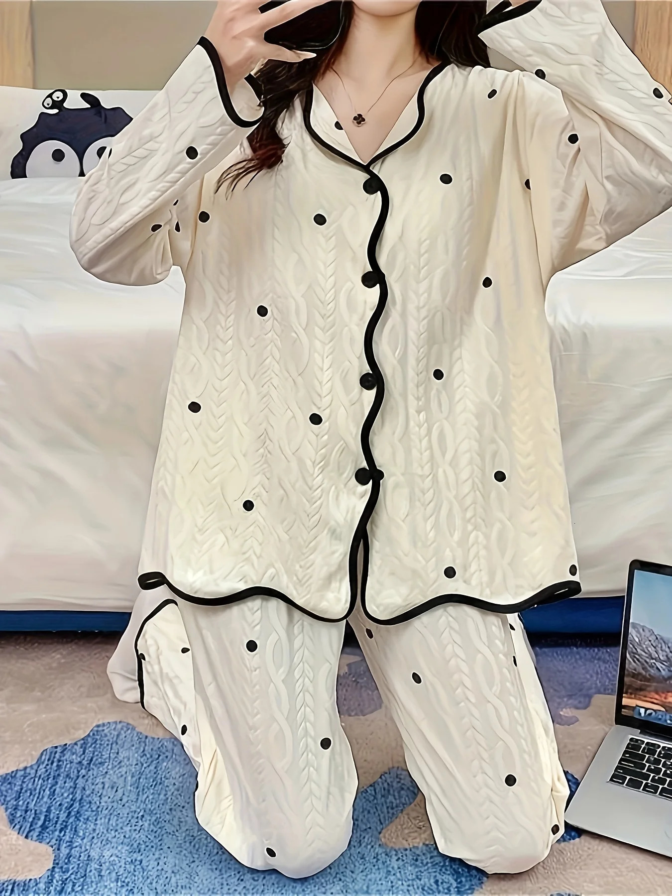 HighAesthetic Womens Pajama Set for Spring Autumn Long Sleeve Dress Premium Minimalist LazyStyle Loungewear 251029