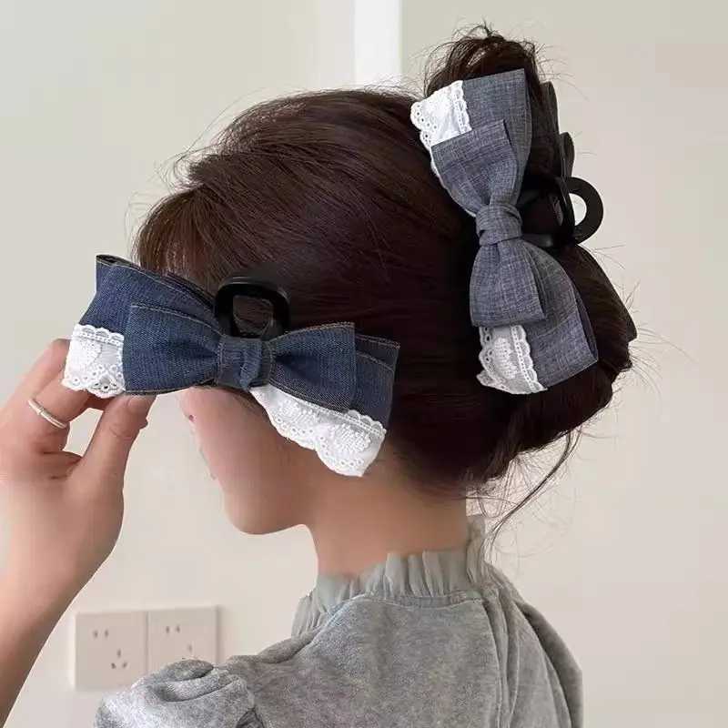 1pc Korean style fashionable denim bow clip new highend hair clip large shark clip headpiece at the back of the headW251028