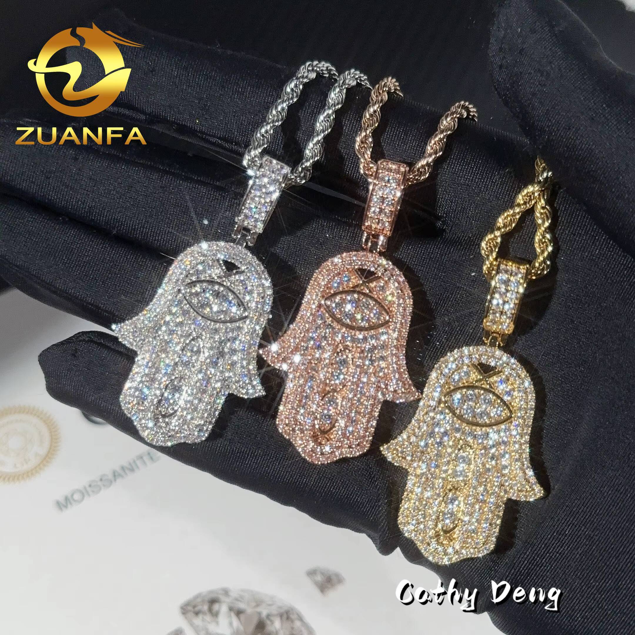 Ready to Ship Moissanite Hip Hop Jewelry Hamsa Iced Out Pendant Sterling Silver 925 Moissanite Pendant With Rope Chain for Men