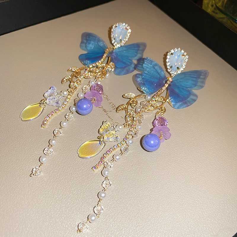 Pink Butterfly Earrings With Long Tassel Sparkly Zircon Crystal Imitation Pearl Beads Earrings Light Luxury Party Ear JewelryW251029