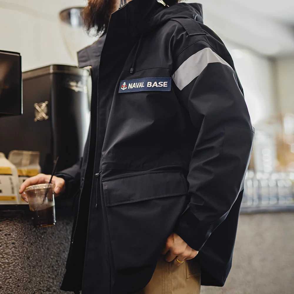 Maden Retro Midlength Navy Parka Windbreaker Loose Fit Windproof Hooded Jacket Versatile Mens Outerwear for Autumn and Winter J251029
